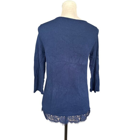 Chicos 3/4 Sleeve Lace Hem Navy Top Size 00 Layering Piece Office Thermal - Picture 2 of 12